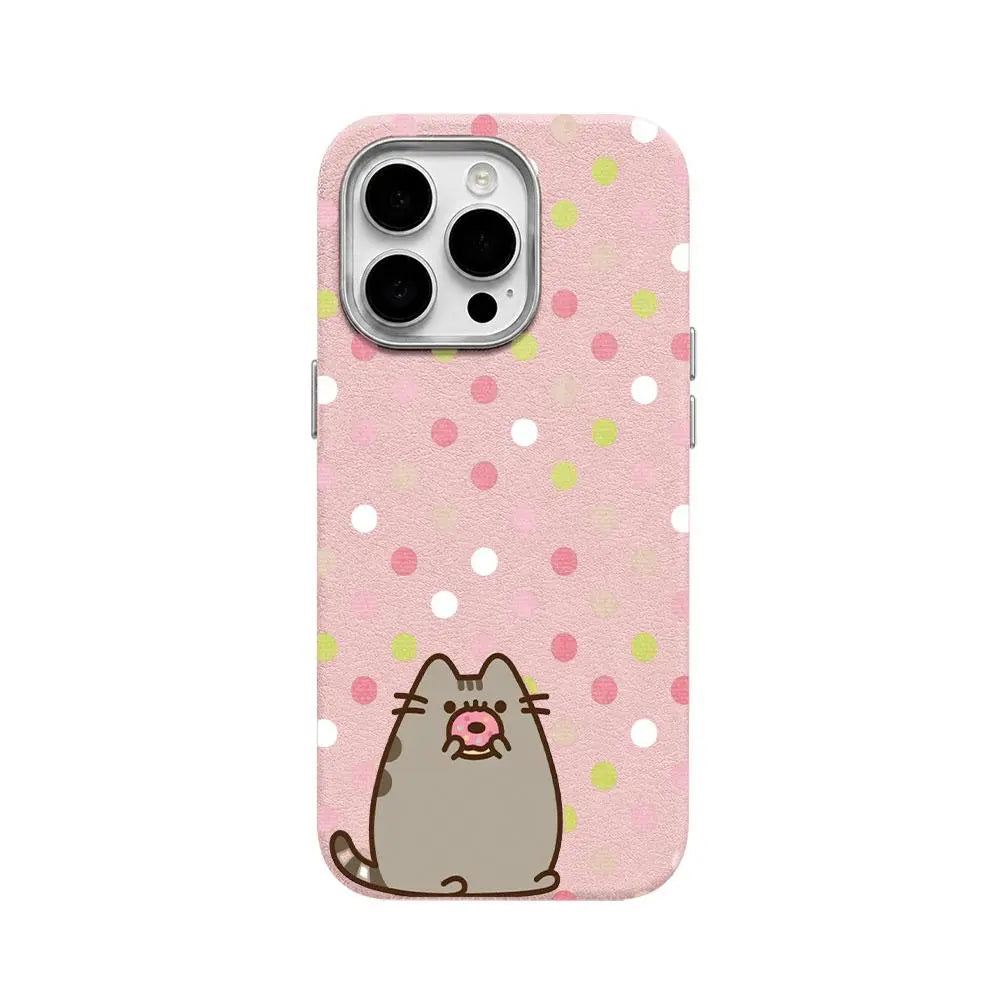 Cute Pusheen Cat Polka Dot Phone Case for iPhone 17 Pro Max, 16, 15, 14, 13 & 12 Series – Slim Shockproof Leather-Textured Soft Cover with Funny Cartoon Cat Design