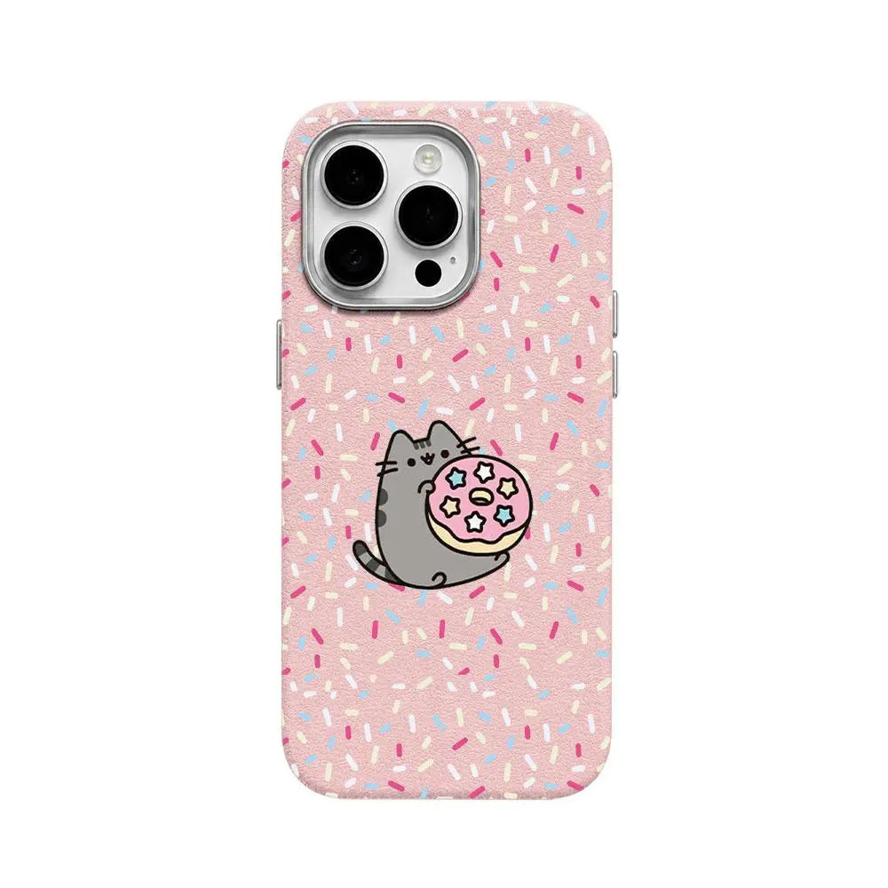 Cute Pusheen Cat Polka Dot Phone Case for iPhone 17 Pro Max, 16, 15, 14, 13 & 12 Series – Slim Shockproof Leather-Textured Soft Cover with Funny Cartoon Cat Design