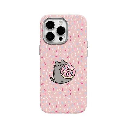 Cute Pusheen Cat Polka Dot Phone Case for iPhone 17 Pro Max, 16, 15, 14, 13 & 12 Series – Slim Shockproof Leather-Textured Soft Cover with Funny Cartoon Cat Design