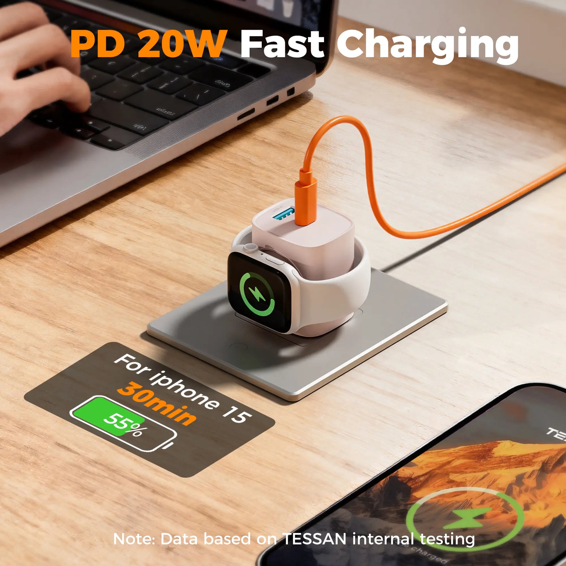 3-in-1 20W USB-C Fast Charger with Built-In Magnetic Wireless Watch Charger – Dual Port Wall Charger Compatible with Apple Watch Ultra, Series 10/9/8/7/6/SE and iPhone 17/16/15 Series