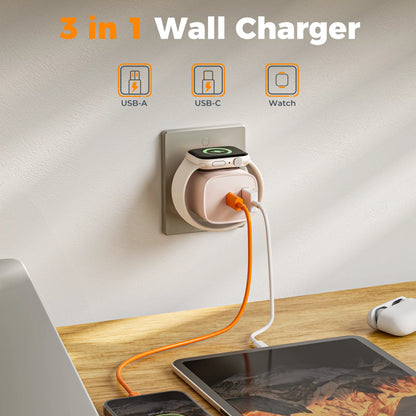 3-in-1 20W USB-C Fast Charger with Built-In Magnetic Wireless Watch Charger – Dual Port Wall Charger Compatible with Apple Watch Ultra, Series 10/9/8/7/6/SE and iPhone 17/16/15 Series