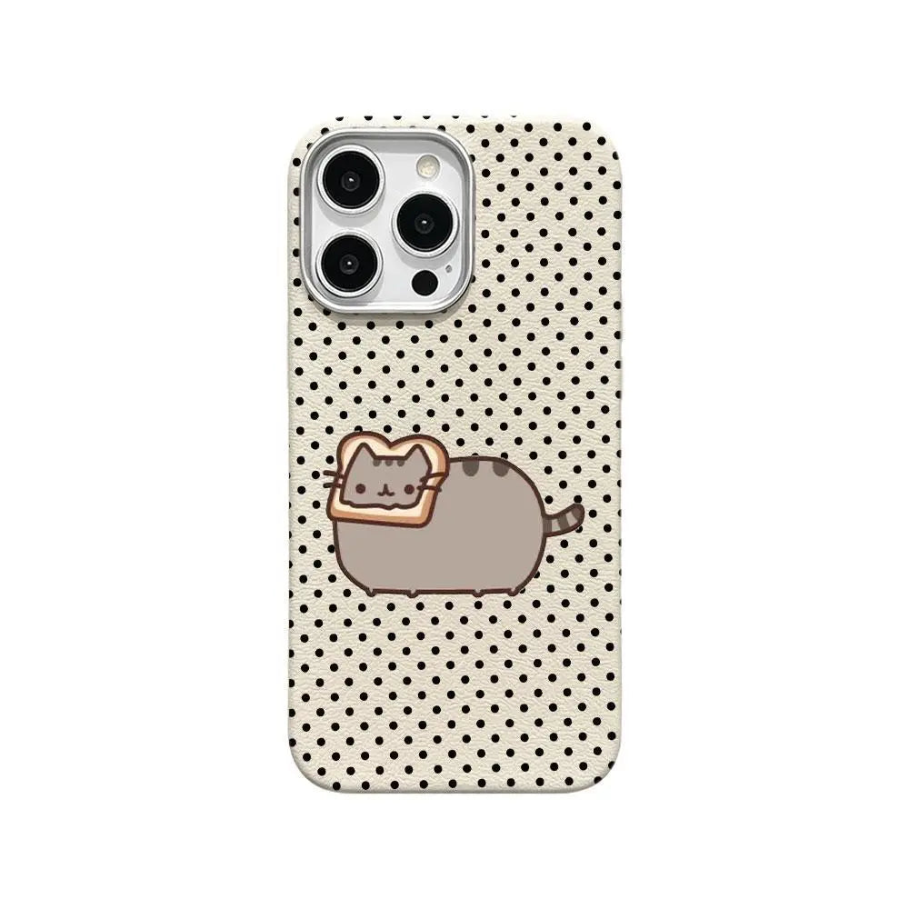 Cute Pusheen Cat Polka Dot Phone Case for iPhone 17 Pro Max, 16, 15, 14, 13 & 12 Series – Slim Shockproof Leather-Textured Soft Cover with Funny Cartoon Cat Design