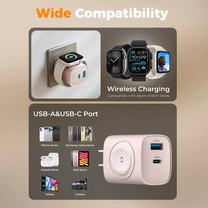 3-in-1 20W USB-C Fast Charger with Built-In Magnetic Wireless Watch Charger – Dual Port Wall Charger Compatible with Apple Watch Ultra, Series 10/9/8/7/6/SE and iPhone 17/16/15 Series