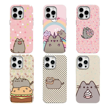 Cute Pusheen Cat Polka Dot Phone Case for iPhone 17 Pro Max, 16, 15, 14, 13 & 12 Series – Slim Shockproof Leather-Textured Soft Cover with Funny Cartoon Cat Design