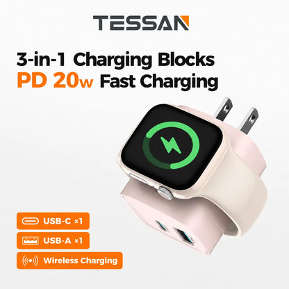 3-in-1 20W USB-C Fast Charger with Built-In Magnetic Wireless Watch Charger – Dual Port Wall Charger Compatible with Apple Watch Ultra, Series 10/9/8/7/6/SE and iPhone 17/16/15 Series
