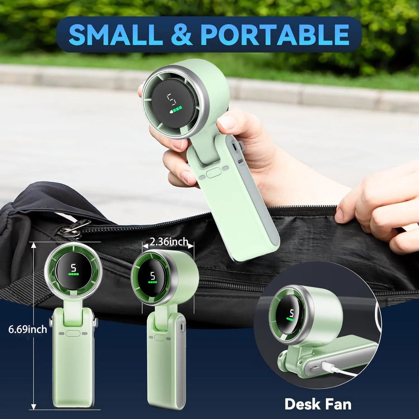 Portable Handheld Turbo Fan – Rechargeable 5-Speed USB Personal Cooling Fan, 3-in-1 Foldable Pocket & Neck Fan for Travel, Office, Outdoor & Summer Use