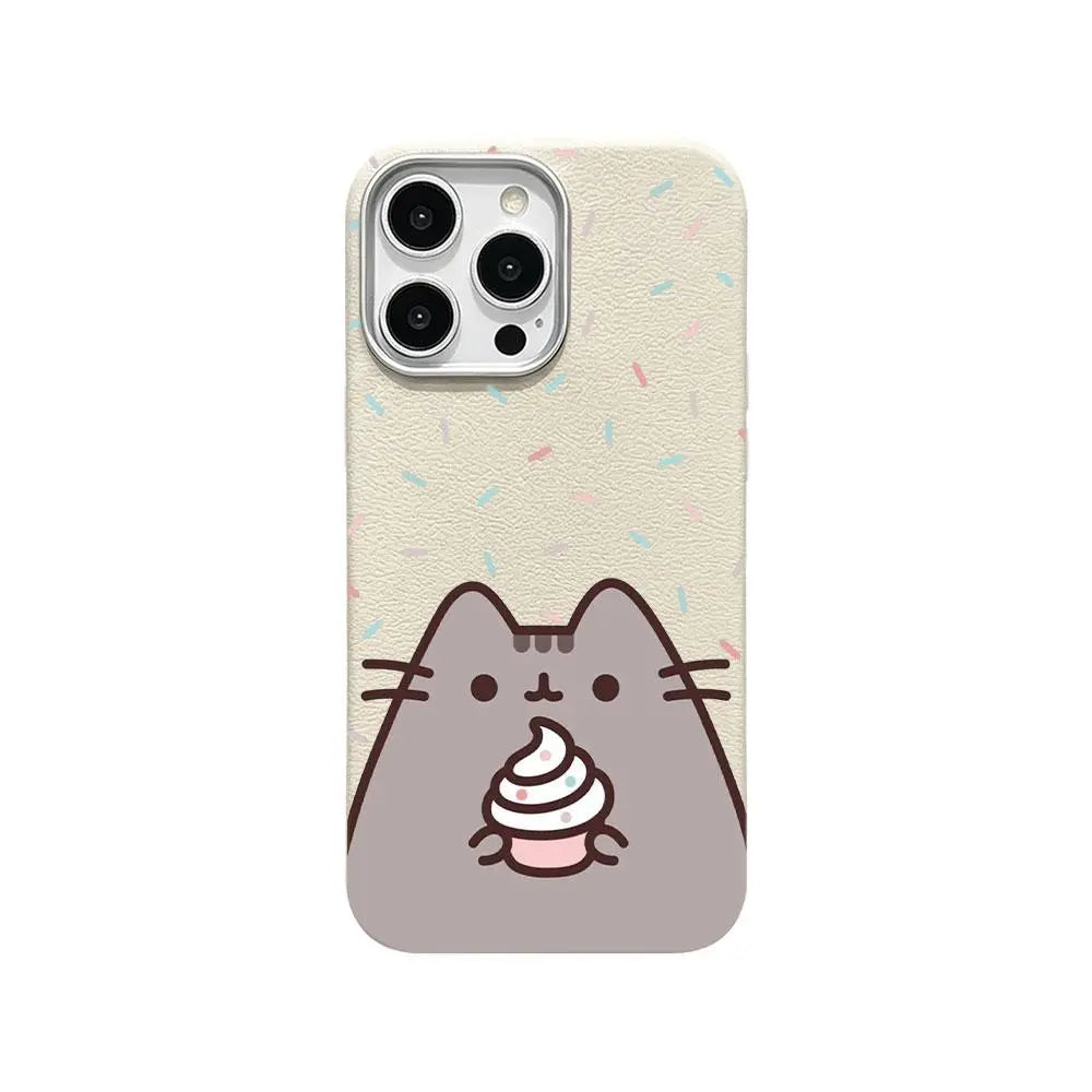 Cute Pusheen Cat Polka Dot Phone Case for iPhone 17 Pro Max, 16, 15, 14, 13 & 12 Series – Slim Shockproof Leather-Textured Soft Cover with Funny Cartoon Cat Design